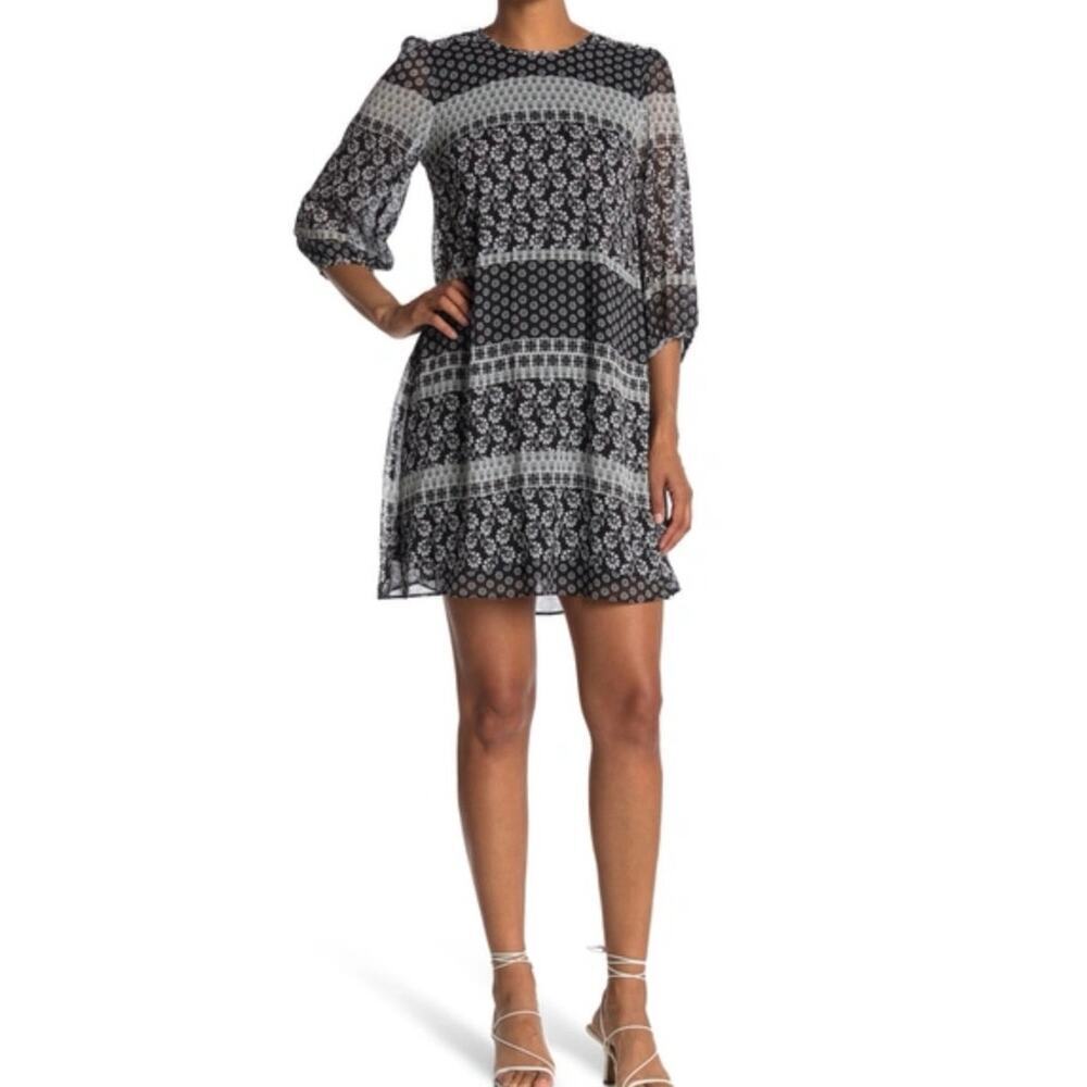 CALVIN KLEIN Black & White Floral 3/4 Sleeve Shift Dress Size 4